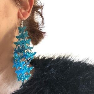 Fashion Jewelry Blue Butterfly Tassel Long Drop Dangle Metallic Earrings